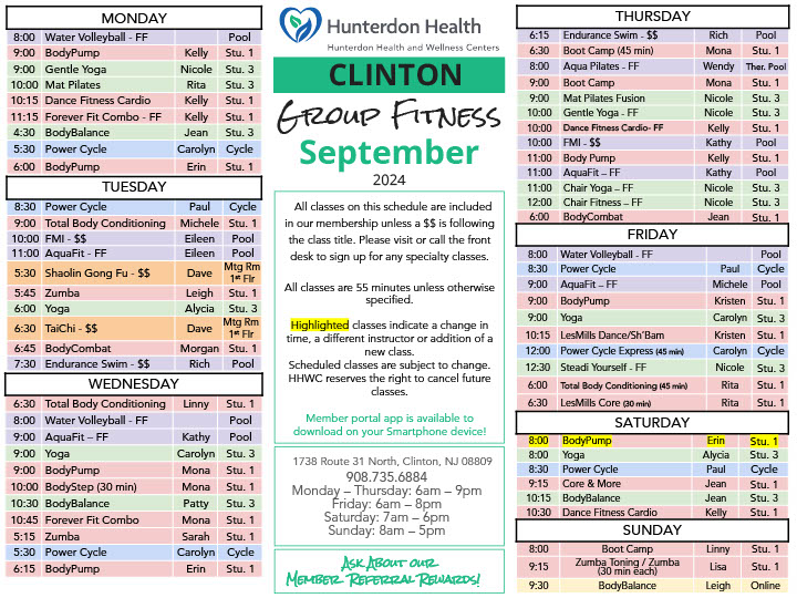 Group Fitness Schedule | Hunterdon